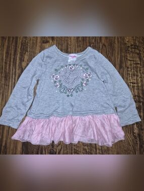 Nannette Kids Gray Long-Sleeve Top with Pink Tulle Hem Pink Flowers 3T